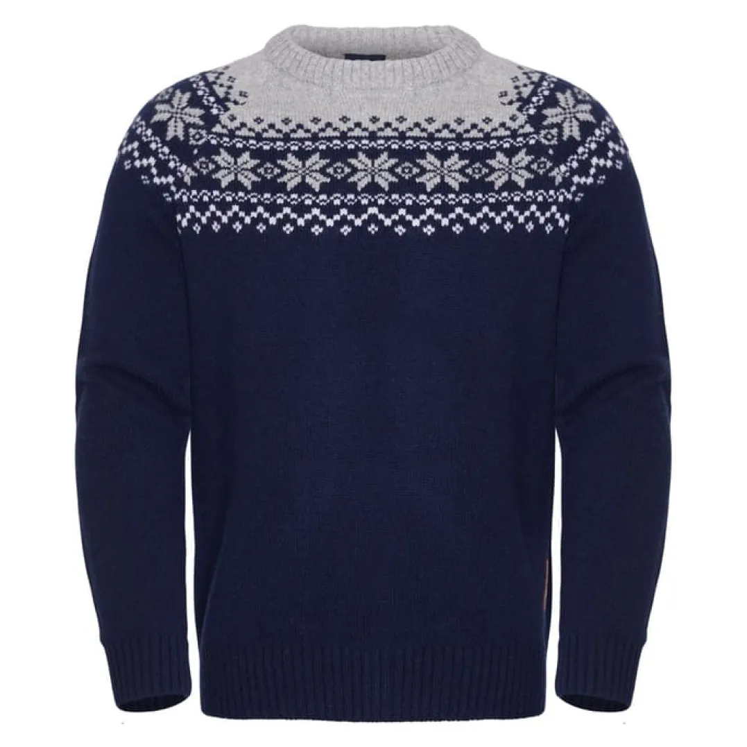 Gridarmor Men's Snøkrystall Round Neck Ullgenser Dark Navy/Light Grey/White