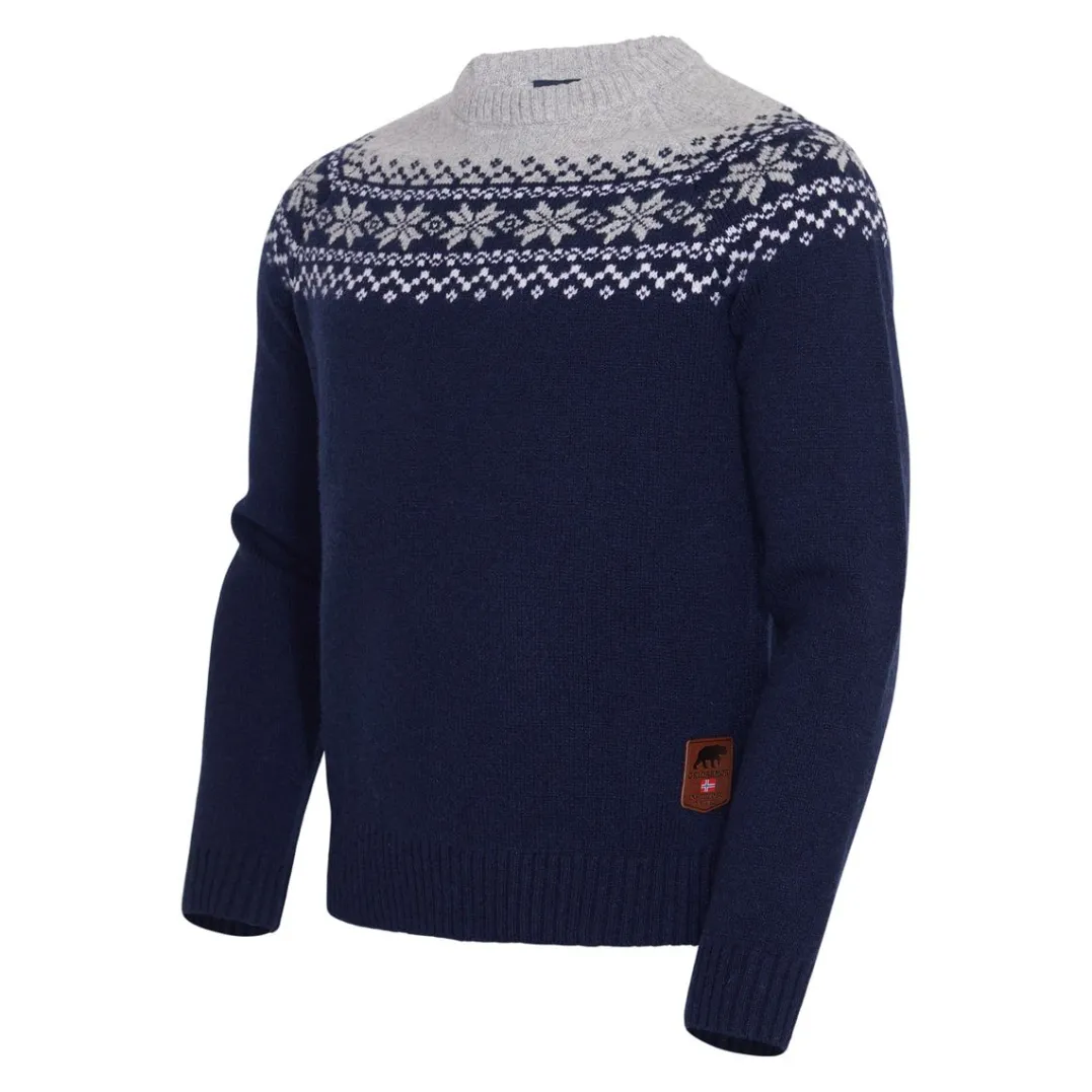 Gridarmor Men's Snøkrystall Round Neck Ullgenser Dark Navy/Light Grey/White