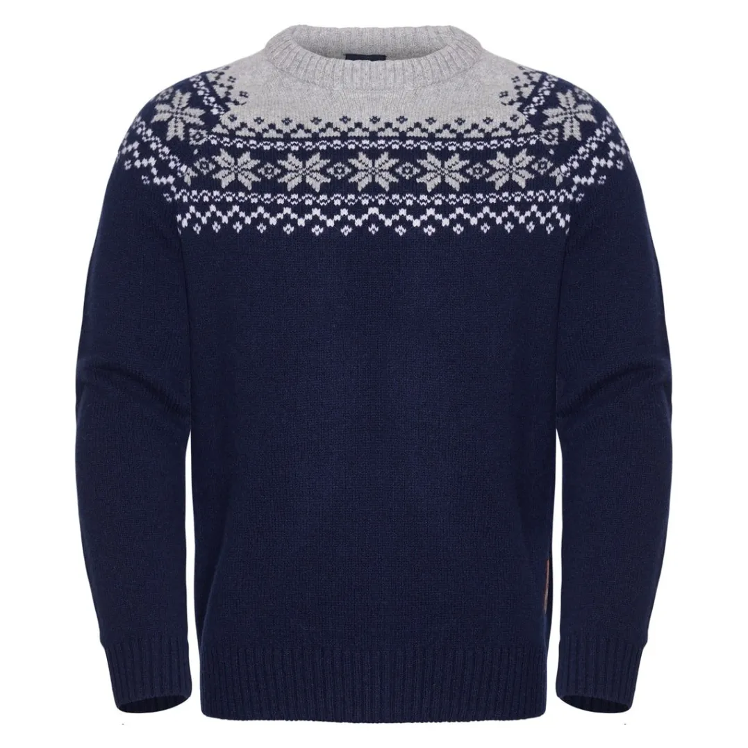 Gridarmor Men's Snøkrystall Round Neck Ullgenser Dark Navy/Light Grey/White